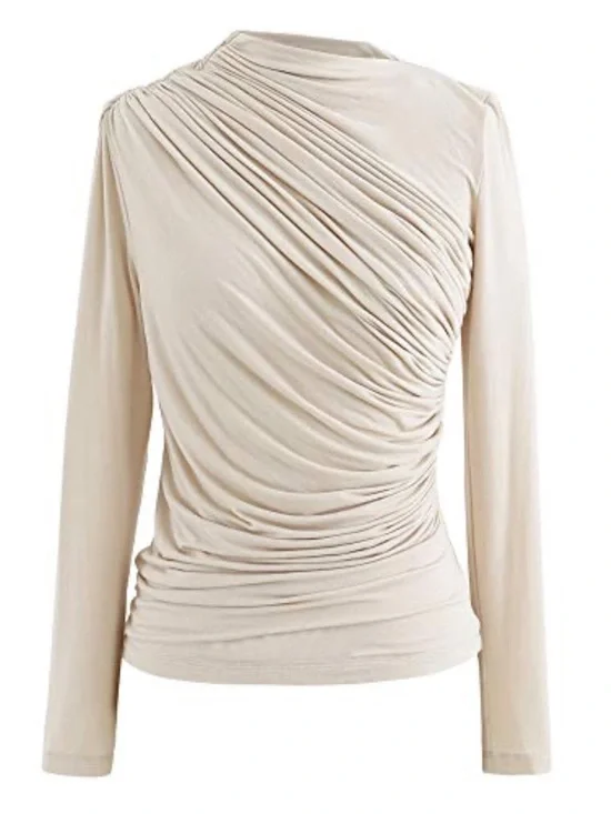 Long Sleeve Draped Neck Top in Light Beige - Picture 15 of 17